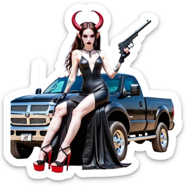 Lilith model red eye sexy black  devil horns.  long brown haired sexy succubus woman with leather long dress slit, sitting on big Large F350 pickup truck. Black Platform high heels on feet. Tattoo sleeve arms, dead human skull of her ex skull is on top of stack of cash and a gun in  hand sticker