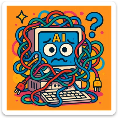 a computer with a confused face, wires tangled, representing an artificial intelligence epic fail, vibrant cartoon style sticker