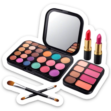 A photorealistic icon featuring makeup brushes, lipstick, eyeshadow palette, and a compact mirror with a completed makeup look. Bright, detailed design with realistic textures and lighting. Transparent background, clearly symbolizing makeup and beauty. sticker