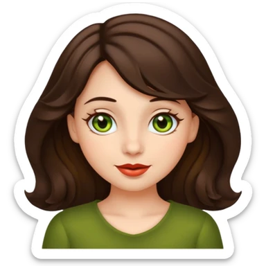 apple style emoji of a coquette girl with midi dark brown slightly wavy hair, bright skin, greenish hazel eyes, small cute lips, charming and playful expression sticker
