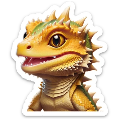 Cinematic Cute Bearded Dragon Portrait Emoji, Head tilted playfully and inquisitively, featuring a glossy, scaled hide in warm olive hues with an adorably scrunched spiky beard and round, sparkling eyes full of curious mischief, Simplified yet irresistibly adorable features, highly detailed, glowing with a warm, friendly glow, high shine, affectionate and lively, stylized with a touch of rugged whimsy, bright and endearing, soft glowing outline, capturing the essence of a mischievous yet loving dragon, so playful it feels like it could scamper out of the screen into your arms! sticker