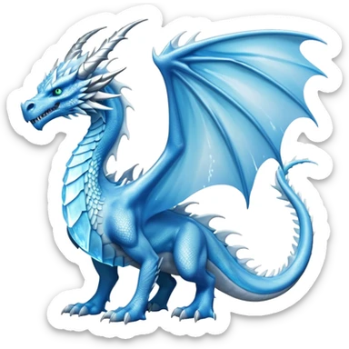 Cinematic Noble Fierce Ice Dragon full body Emoji, Poised and imposing, distinct long elegant snout, with a slender, scaled body shimmering in glacial hues of icy blue, frostbitten silver, and crystalline white, breathing out frost, with piercing, glowing eyes that radiate the chilling depths of an arctic storm; rendered in detail. displaying its wings sticker