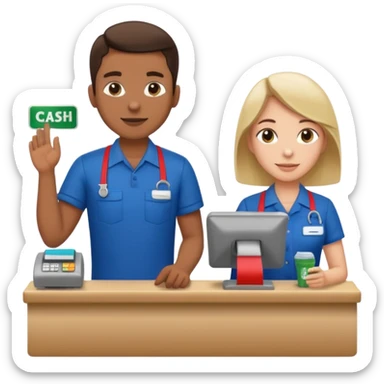 Supermarket employee at a cash register, full body, serving a man sticker