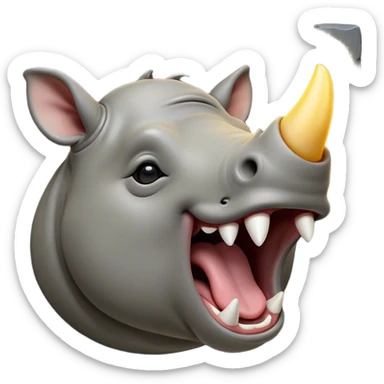 Cinematic Cute Yawning Rhinoceros Portrait Emoji, Head tilted slightly with a dramatic, wide-open yawn, showcasing a soft, textured slate-gray hide with a slightly drooping white horn and eyes barely open in drowsy contentment, Simplified yet irresistibly adorable features, highly detailed, glowing with a soft, cozy glow, high shine, relaxed yet expressive, stylized with a touch of rugged whimsy, bright and endearing, soft glowing outline, capturing the essence of a sleepy yet affectionate rhinoceros, so drowsy it feels like it could stretch out of the screen and curl up for a nap! sticker