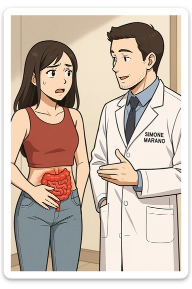 prendi spunto da questo stile di disegno e fai un webtoon/manga a colori con questo nutrizionista in camice bianco (fagli la scritta "SIMONE MARANO" SUL CAMICE) in piedi CHE PARLA CON UNA RAGAZZA in piedi accanto a lui. la ragazza GLI chiede UNA COSA preoccupata mentre si tocca la pancia e ha un intestino umano infiammato sulla pancia, e IL NUTRIZIONISTA CON IL CAMICE BIANCO le risponde mentre annuisce. la ragazza falla mora, con top rosso e jeans chiari, NON FARE I FUMETTI, FAI SOLO LORO COME SE DIALOGASSERO, falli a figura intera. la ragazza falla a sinistra e il nutrizionista a destra sticker