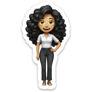 And a 3D illustration of a female character with long medium curly black hair smiling wearing lipstick round face black eyes animated point the character should wear modern casual clothing such as pantaloon pants formal blouse sticker