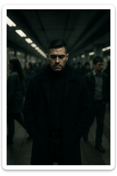 A cinematic shot of a man in his early 30s standing still in the middle of a crowded urban environment — perhaps a subway platform or office hallway — surrounded by blurred, cold-looking people facing away from him or speaking among themselves, ignoring him completely. The man has a heavy, emotionally drained expression, shoulders slightly slouched, hands in his coat pockets. He stands out in sharp focus while the others are dimly lit, grey-toned, and in motion blur. The lighting is harsh and cool, with strong shadows and low saturation to emphasize emotional isolation. A subtle dark aura or mist lingers around the man’s body, visually conveying the weight of negativity and emotional pressure. Shot in 35mm cinematic style, high realism, with a desaturated color palette and shallow depth of field sticker