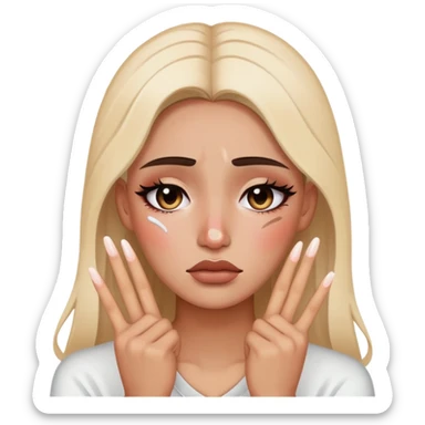 Create a classic emoji that is tired and crying but posing for Instagram with a peace sign and full makeup sticker