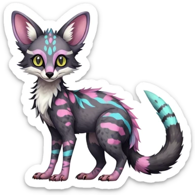 Feral Rare Fantasy dark colorful pastel vibrant tropical Vernid-Sergal-Genet-Trico-species by LiLaiRa, random markings, tufted tail, tufted ears, full body sticker