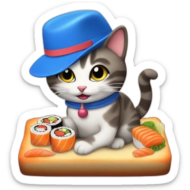 cat with blue hat eating sushi birthday cake sticker