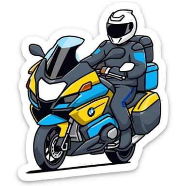blue BMW RT1200 touring motorcycle with rider sticker