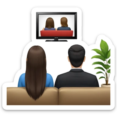 A man and a women long hir  photographed from behind, sitting on a sofa and watching the news on TV on a modern flat screen. The setting is a living room. sticker