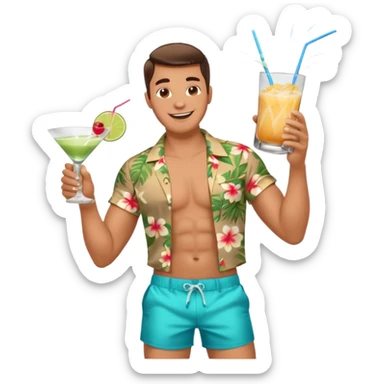 human male Unbuttoned Hawaiian shirt, swim trunks, shaking a cocktail shaker (sparks flying) sticker