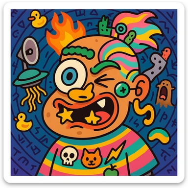 chaotic character with lumpy potato-shaped face, one side stretched, huge spinning googly eye, tiny angry bloodshot dot eye, mouth glitching between smirk and scream with two star-shaped teeth, big whistling nostril nose, lightning bolt eyebrow, caterpillar eyebrow, satellite dish ear, sock puppet ear, half fire half pastel rainbow hair with tiny cactus wearing monocle, floating UFO accessory dropping spaghetti, robotic vibrating body in neon poncho with floating skull, cat, and fruit emojis, background is swirling vortex of rubber duckies, ancient runes, and a screaming ferret sticker