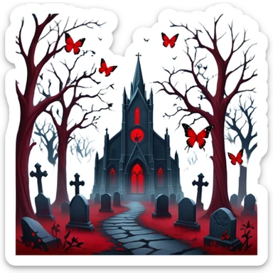 Moonlit graveyard shrouded in mist, eerie red butterflies with blood-like patterns hover near twisted trees. Dark cathedral looms in the background, a ghostly figure watches in silence." sticker