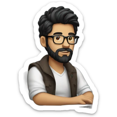 Designer with black hair, beard and glasses working with MacBook and drinking cappuccino  sticker