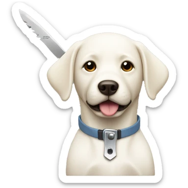 white lab holding a knife sticker