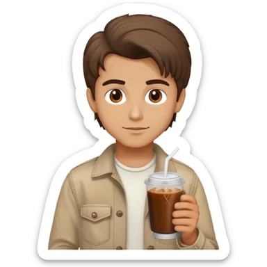 Turkish beautiful finish Konya boy good hair and brown eyes with beige denim clothes and had on his hand hazelnut Cold brew coffee   sticker