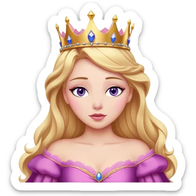 Cinematic Realistic Sleeping Beauty (Aurora) Portrait, with porcelain-like skin featuring a natural rosy flush, illuminated by soft lighting that highlights the gentle contours of her face. Her golden blonde hair flows in soft, detailed waves with subtle highlights that shimmer in the light. Her deep violet-blue eyes radiate warmth and innocence, framed by arched brows and long lashes. Her serene expression exudes quiet elegance. She is dressed in her classic pink gown, the fabric rich in texture with delicate folds that catch the light. A golden crown rests atop her head, gleaming with royal refinement. The portrait captures a soft, glowing aura, blending realism with an ethereal sense of beauty and timeless enchantment. sticker