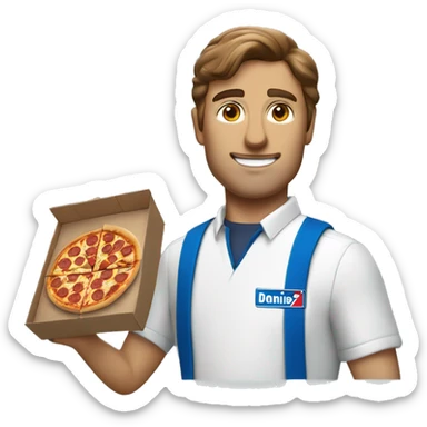 white man with brown hair working at dominos pizza with a pizza uniform sticker