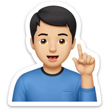 "Create a playful emoji of a young man with short black hair, wearing a blue shirt. He is winking with one eye, sticking out his tongue dramatically, and pointing to his forehead with one hand in a cheeky gesture.
 sticker