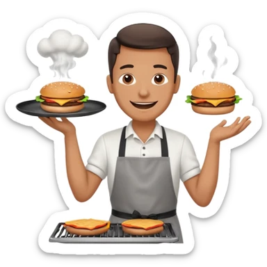 A cheerful man in an apron flipping burgers on a sizzling grill with smoke puffing upward. sticker