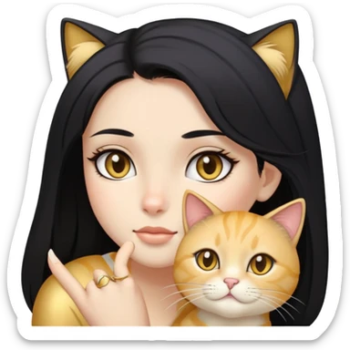 long black hair girl with dark eyes with light gold cat sticker