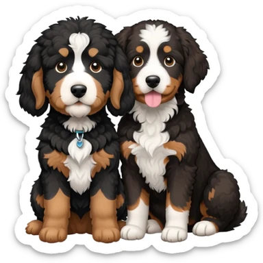 2 dogs, one is a light brown Aussie doodle. the other is a All black Berenedoodle with white eyebrows . Make both same size sticker