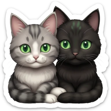 1 grey cat with pastal green eyes and 1 black with green eyes cat cuddling sticker