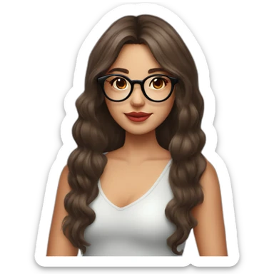 Brunette girl with circle glasses and long wolf cut hair and strawberry hat sticker