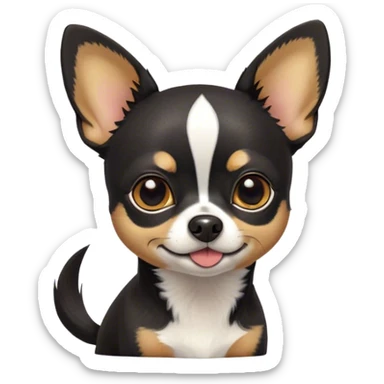 Cinematic Cute Black Tri Short Haired Chihuahua Portrait Emoji, Head tilted playfully and inquisitively, sleek black tri-color fur with bold patches of white and tan, round, sparkling dark eyes filled with curiosity, Simplified yet irresistibly adorable features, highly detailed, glowing with a warm, friendly glow, high shine, affectionate and lively, stylized with a touch of whimsy, bright and endearing, soft glowing outline, capturing the essence of a mischievous yet loving pup, so playful it feels like it could bound out of the screen and into your arms! sticker