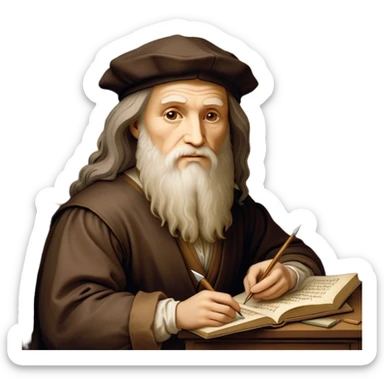 Cinematic Realistic Leonardo da Vinci Portrait Emoji, depicted as the quintessential Renaissance polymath with deep, thoughtful eyes, a flowing beard, and a quill or sketchbook in hand. The scene is illuminated with warm, classical lighting, evoking the atmosphere of a master artist’s workshop, surrounded by early sketches of inventions and masterpieces like the Mona Lisa. sticker