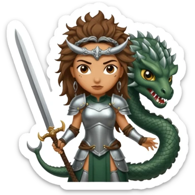 Fierce Latina in armor with a sword after a battle cutting off the head of a hydra sticker