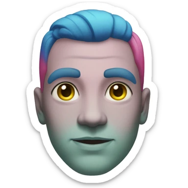 Very light green skin, yellow-blue eyes. Dark pink hair. A blue line tattoo extending from the beginning of the forehead and ending at the nose, three blue lines extending in an arc from above his eyes to below his cheeks on all sides of the face. sticker