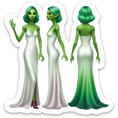 reptilian green alien woman, in( long slim pastel color:#FFFFFF formal party satin dress with gradient shiny sparkling dark red), full figure, full body sticker