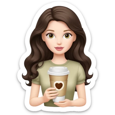 A white Barbie girl with long dark brown wave hair and a pale olive paper cup of coffee sticker
