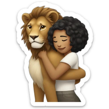 White skin black short hair girl hugged by big lion sticker
