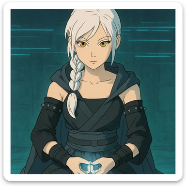  a closeup portrait of young woman with gold yellow eyes, white hair, long braid, black off-shoulder top, punk gothic style, futuristic cyberwave cyberpunk,  jedi attire, kneeling and gathering chi, jedi meditate sticker