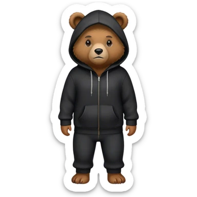 Bear standing with black pants and a black hoodie with his hood on holding his hands in his pockets sticker