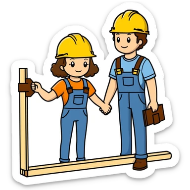 a couple holding hands, boyfriend with short brown hair, girlfriend with long brown curls, both wearing construction helmets and holding construction plans, cartoonish sticker style sticker
