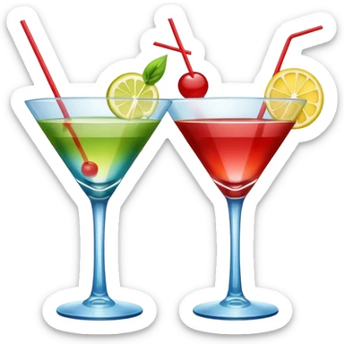 Create an emoji of two cocktails, one glass of green and yellow color and one glass of blue and red, without any fruit, put the action of cheers or party that two glass click together sticker