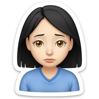 female emoji with black hair, droopy eyes, slouched posture, tired from studying sticker