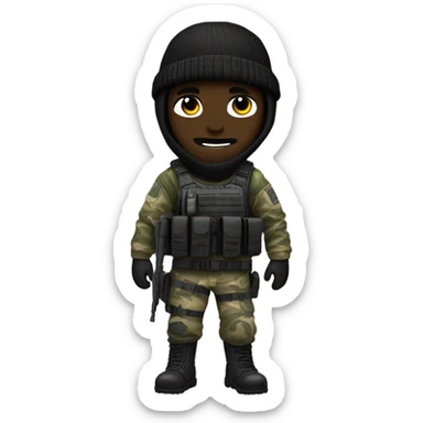 male, pale skin, call of duty black face mask, camo tactical gear, combat boots, black beanie, hazel eyes sticker