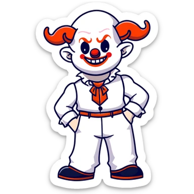 full-body demonic clown in a white leisure suit with bellbottom pants, bald, with black ram horns, flashy belt, ruffled shirt, no neck tie, cartoon sticker style sticker
