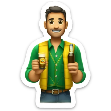 un vendedor con un palo de ciego, un chaleco verde, y tiras de cupones en el chaleco, bebiendose una cerveza, y un logo en amarillo en el chaleco con la TIPOGRAFÍA: ONCE sticker