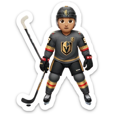 A hockey player in a Vegas Golden Knights black & gold jersey, red accent glow, centered stance, stick on the ice, confident posture. Background subtle red aura with a knight-helmet inspired motif. Clean, bold, emoji-style. sticker
