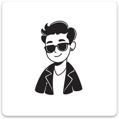 A 30-year-old Latino male musician with a piercing in one ear, wearing sunglasses, with a fashionable short hairstyle styled up and to one side, smiling confidently and wearing a jacket, shrugging his shoulders with a carefree attitude sticker