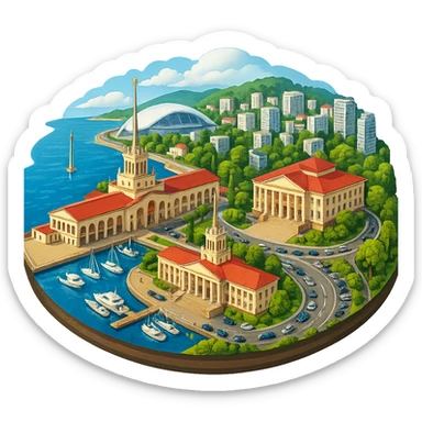 Изометричная, яркая, детализированная и фотореалистичная иллюстрация панорамы города Cочи на круглой подставке в стиле 3D-коллажей городов, здание Морского Порта, Зимний театр, стадион Фишт, море чёткие линии, слегка мультяшная стилистика, прозрачный фон, не обрезать края картинки sticker