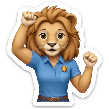 friendly anthropomorphised female lion in a shirt and pants with fist raised, energetic pose sticker