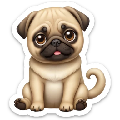 detailed-[cute pug]-realistic-full-body-sitting-emoji,-tail-resting-loosely-beside-its-paws,-head-tilted-dramatically, -sleek-fur,-simplified-yet-realistic-focused-features,-highly-detailed,-glowing-with-an-almost-sarcastic-glow sticker